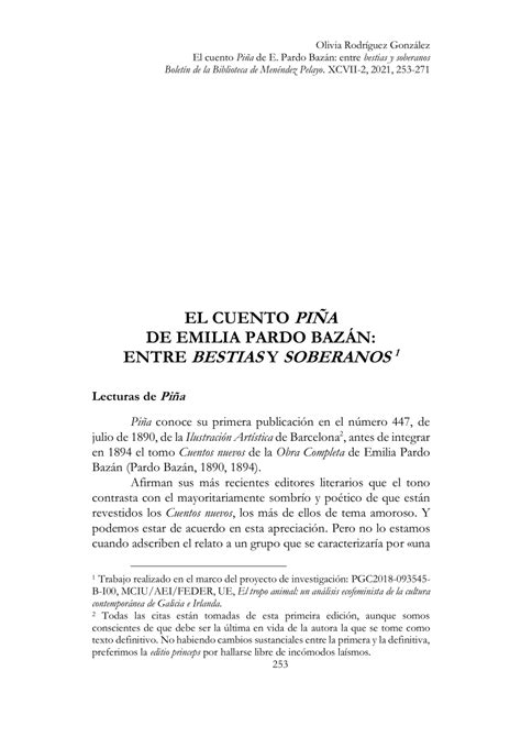 Pdf Cuento Pi A De Emilia Pardo Baz N Entre Bestias Y Soberanos