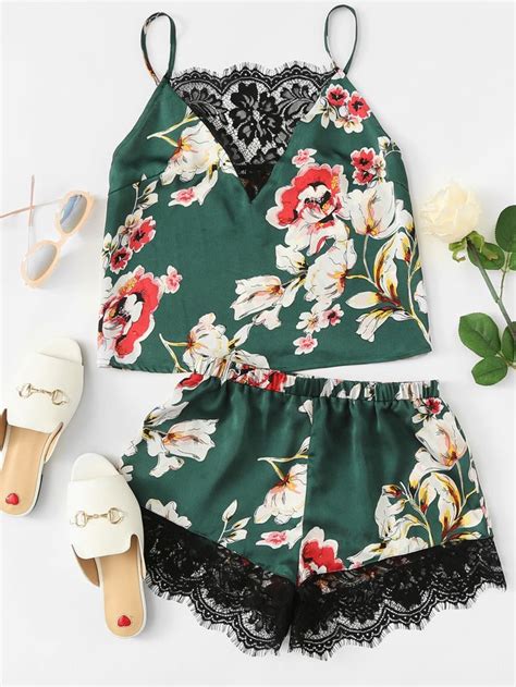 Floral Print Lace Insert Cami Top And Shorts Pj Set Shein Sheinside