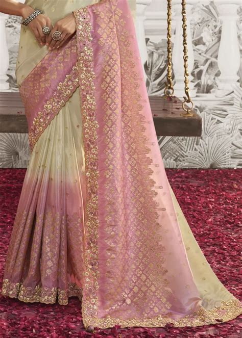 Cream And Pink Embroidered Silk Saree Urban Womania