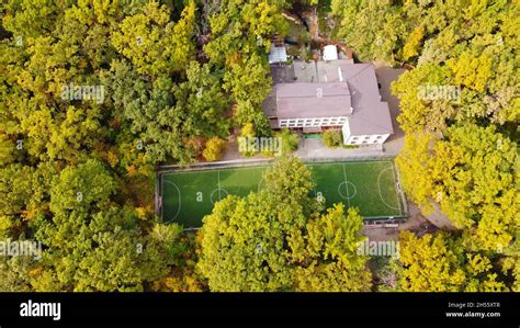 Aerial View Of An Empty Soccer Football Fields In Forest Sport Travel