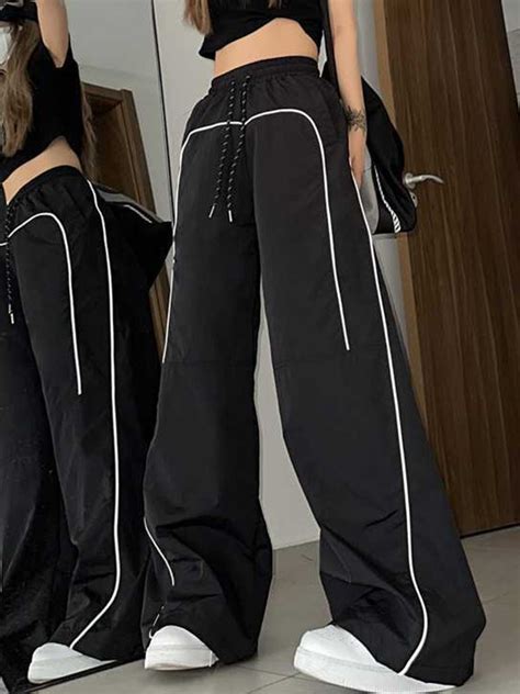 Emmiol Free Shipping 2024 Contrast Piping Baggy Sweatpants Black L In Wide Leg Pants Online