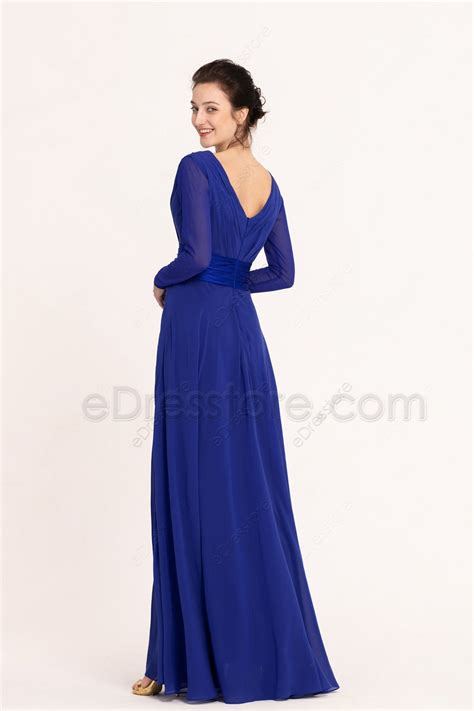 Modest Royal Blue Bridesmaid Dresses Long Sleeves Edresstore