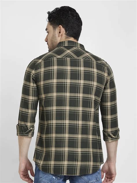 Spykar Men Bottle Green Cotton Regular Slim Fit Full Sleeve Checkered Shirt