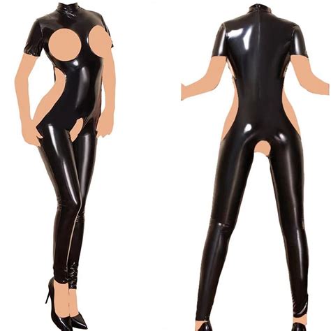 Sexy Women Patent Leather Cupless Crotchless Catsuit Bodysuit Wet Look Latex Style Jumpsuit