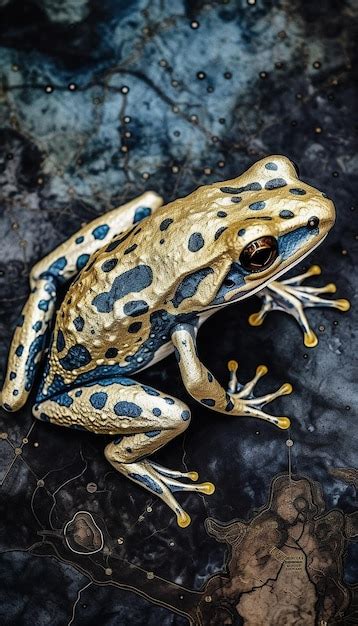 Um sapo corpo azul e manchas pretas está sentado em uma pedra