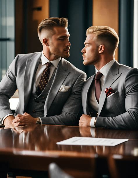 Lexica Two Muscled Blonde Gentlemen In Light Grey Pinstripe Double Breasted Suit Club Tie