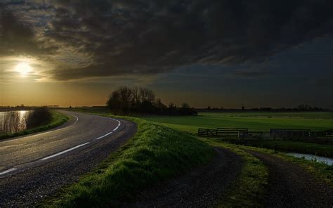 Wallpaper 2500x1563 Px Canal Clouds Fence Field Grass Lake