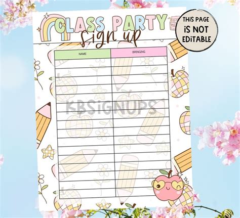 Class Party Sign Up Sheet Spring Preschool Class Party Instant Download