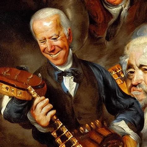 Oil Painting Of Joe Biden Playing The Hurdy Gurdy At A Stable