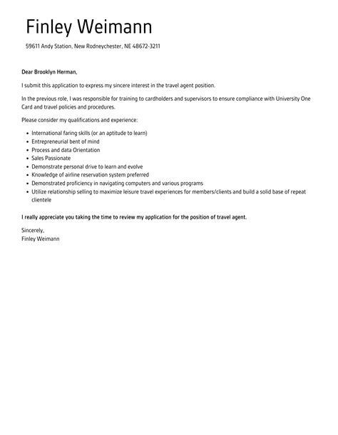 Travel Agent Cover Letter Velvet Jobs