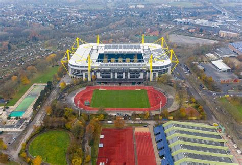 Aerial view of German BVB Stadium Signal Iduna Park and outdoor sports ...