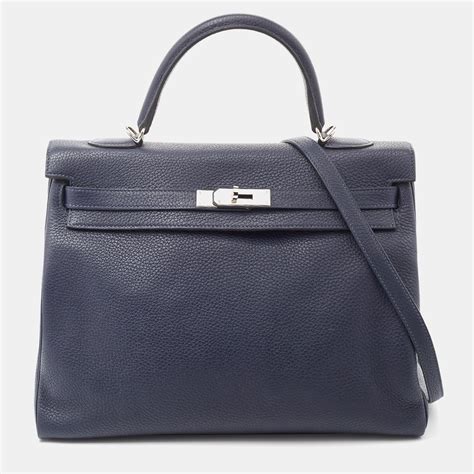 Hermes Bleu Saphir Taurillon Clemence Leather Palladium Finish Kelly