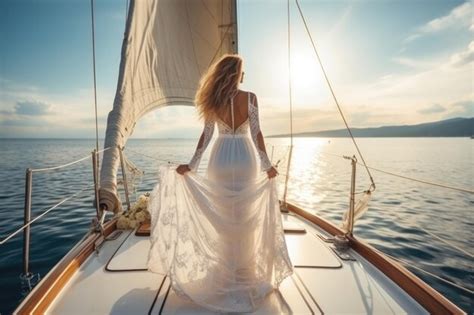 Premium Photo A Beautiful Blonde Woman Wearing White Dress And Hat Standing On A Yacht And