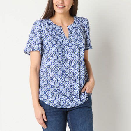 Liz Claiborne Womens Split Crew Neck Short Sleeve Blouse Blue