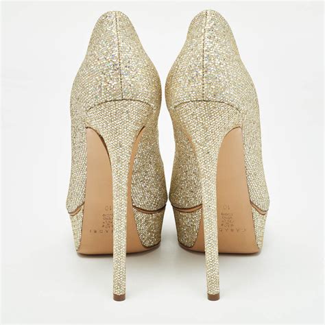 Casadei Gold Glitzer Lam Eacute Stoff Peep Toe Plattform Pumpen Eu