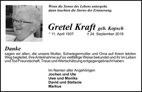 Traueranzeigen Von Gretel Kraft Vrm Trauer De