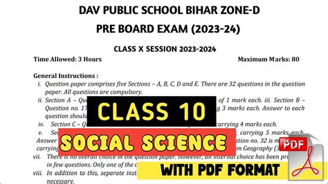 Dav Class 10th Pre Board Exam Question Paper Of Social Science Dav