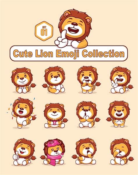 Conjunto De Lindos Personajes De Leones Con Diferentes Emoticonos