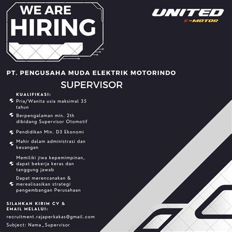 Lowongan Kerja Oktober United Motor Supervisor Scu