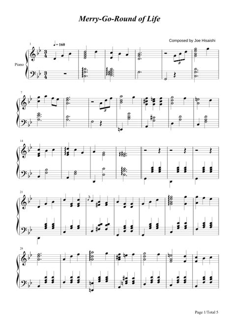 Merry Go Round Of Life Arr Poon By Joe Hisaishi Sheet Music For