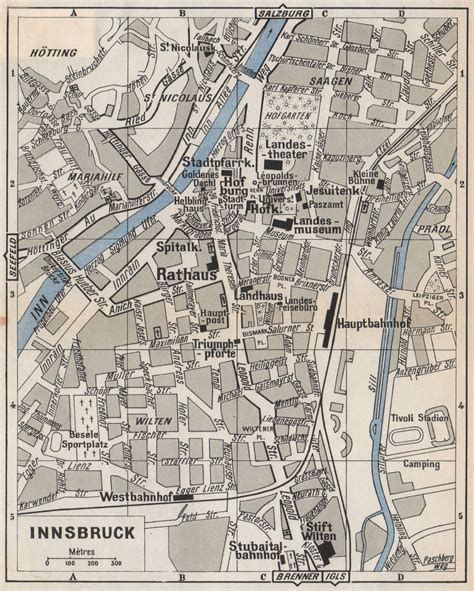 Innsbruck Antique Town City Stadtplan Austria Österreich 1954 Old Map