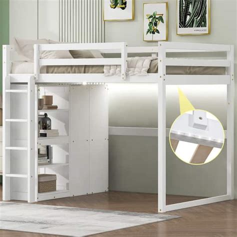 Harper Bright Designs White Wood Frame Full Size Loft Bed With Built