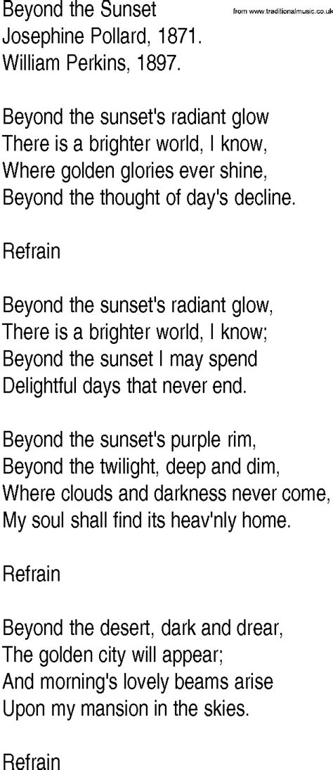 Hymn And Gospel Song Lyrics For Beyond The Sunset By Josephine Pollard