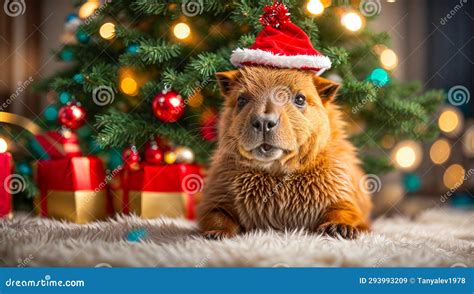 Cute Capybara Wearing Santa Hat Adorable Greeting Stock Image Image