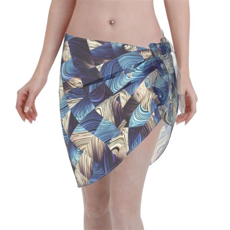 Coaee Abstract Blue Squares Women S Short Sarongs Beach Wrap Sheer Bikini Wraps Chiffon Cover