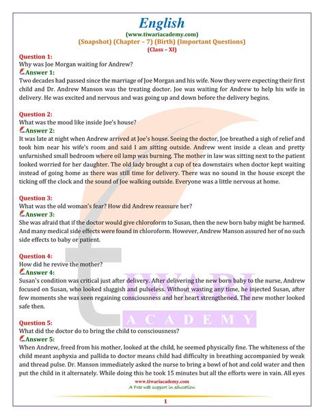 Class 11 English Snapshots Chapter 7 Important Questions Or Birth