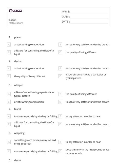 Poems Worksheets For Nd Grade On Quizizz Free Printable