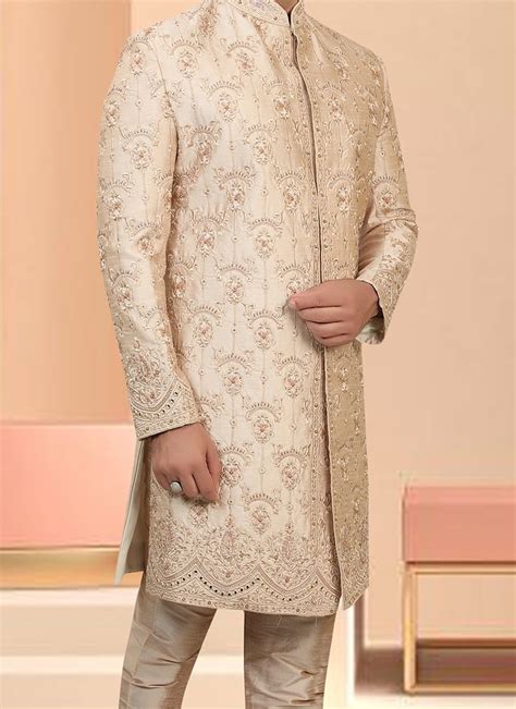 Buy Cream Art Silk Hand Work Embroidered Sherwani Wedding Wear Online