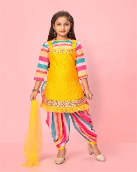 Buy Muhuratam Girls Yellow Multi Colour Silk Mirror Work Kurti Patiala Set Online At Best Prices