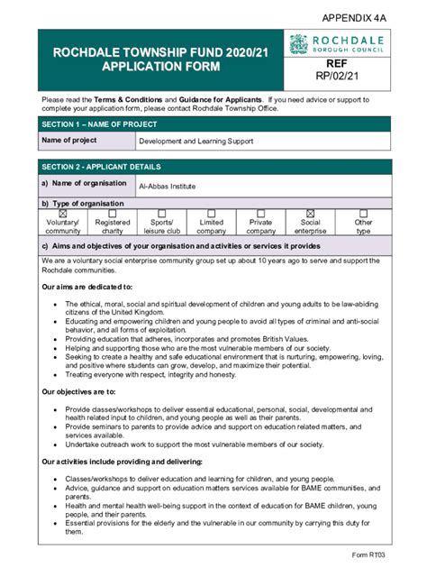 Fillable Online Democracy Rochdale Gov ROCHDALE TOWNSHIP FUND 2020 21