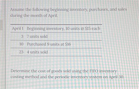 Solved Assume The Following Beginning Inventory Purchases And Sales