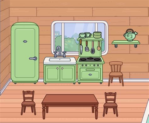 A Cartoon Kitchen With Green Cabinets And Wooden Flooring Including A