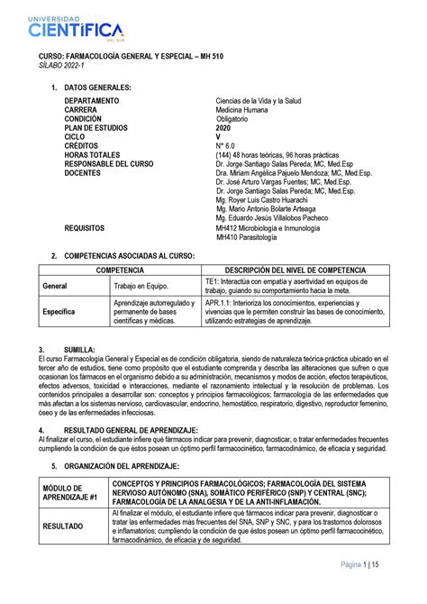 Silabo Farmacología Especial Y General 2022 1 Curso FarmacologÕa