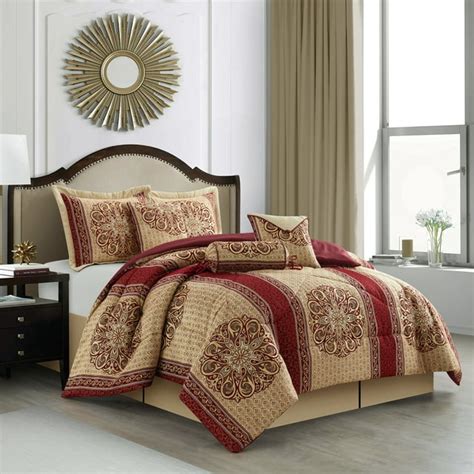 Lanco 7 Piece Comforter Sets Burgundy Bedding Sets Queen Size With Shams Bed Skirt Elegant