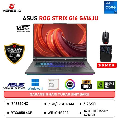 Jual Asus Rog Strix G16 G614ju I7 13650hx Rtx4050 6gb 16gb 512gb W11ohs 160fhd 165hz 4zrgb