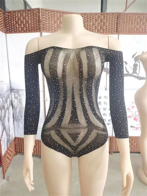 Sexy Fashionable Lingerie Mesh Rhinestone Fishnet Bodystocking See Through Long Sleeves Sexy