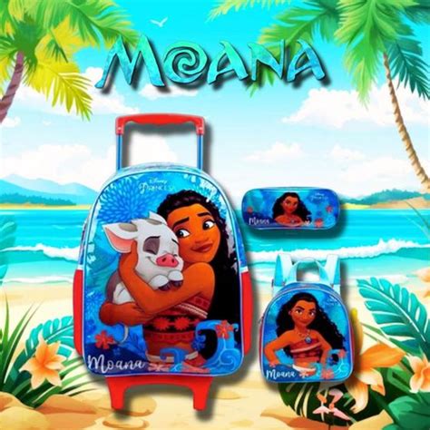 Kit Mochila Rodinha G Lancheira Estojo Escolar Moana Disney Mochila