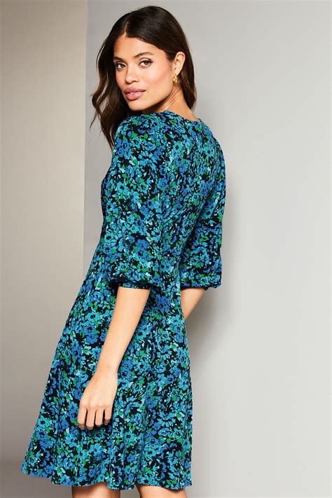 Buy Lipsy Blue Ditsy Floral Jersey Underbust Puff Sleeve Summer Mini