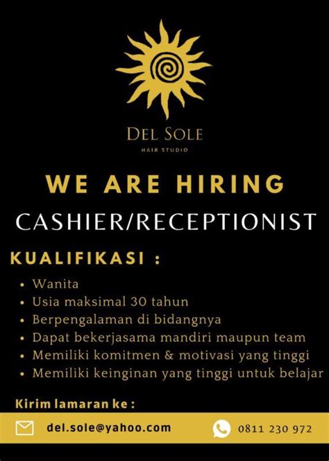 Lowongan Kerja Cashier Receptionist Di Del Sole Hair Studio