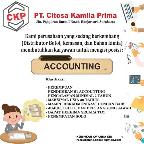 Lowongan Kerja September 2022 Accounting PT Citosa Kamila Prima Di Solo