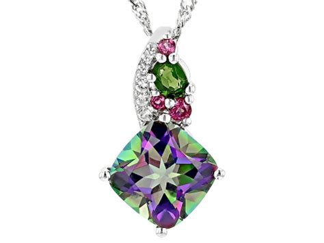 Mystic Fire Green Topaz Rhodium Over Sterling Silver Pendant With