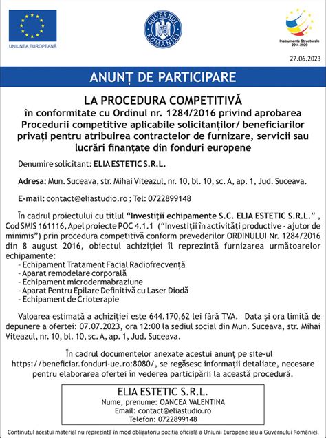 Anunturi Fonduri Europene ANUNT DE PARTICIPARE LA PROCEDURA