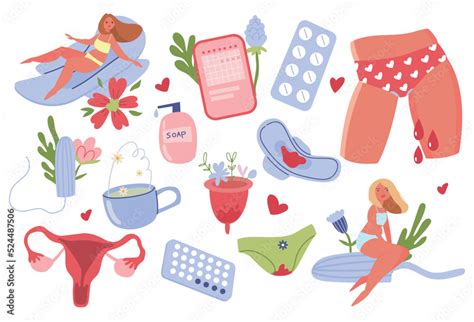 Menstruation Clipart Set Feminine Hygiene Pad Tampon Menstrual Cup Tablets Chamomile Tea