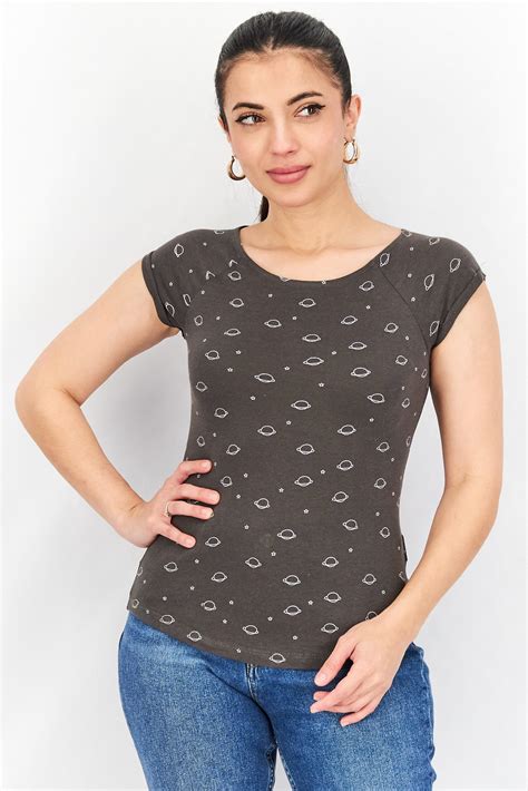 Buy Sinsay Women Round Neck Short Sleeve Printed Top Grey Online Brands For Less