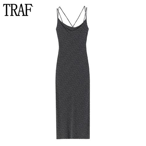 TRAF Polka Dot Slip Dress Woman Black Bodycon Midi Dress Women Sexy