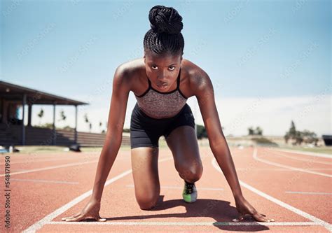 Black Woman Runner And Start Line Race And Competition Exercise